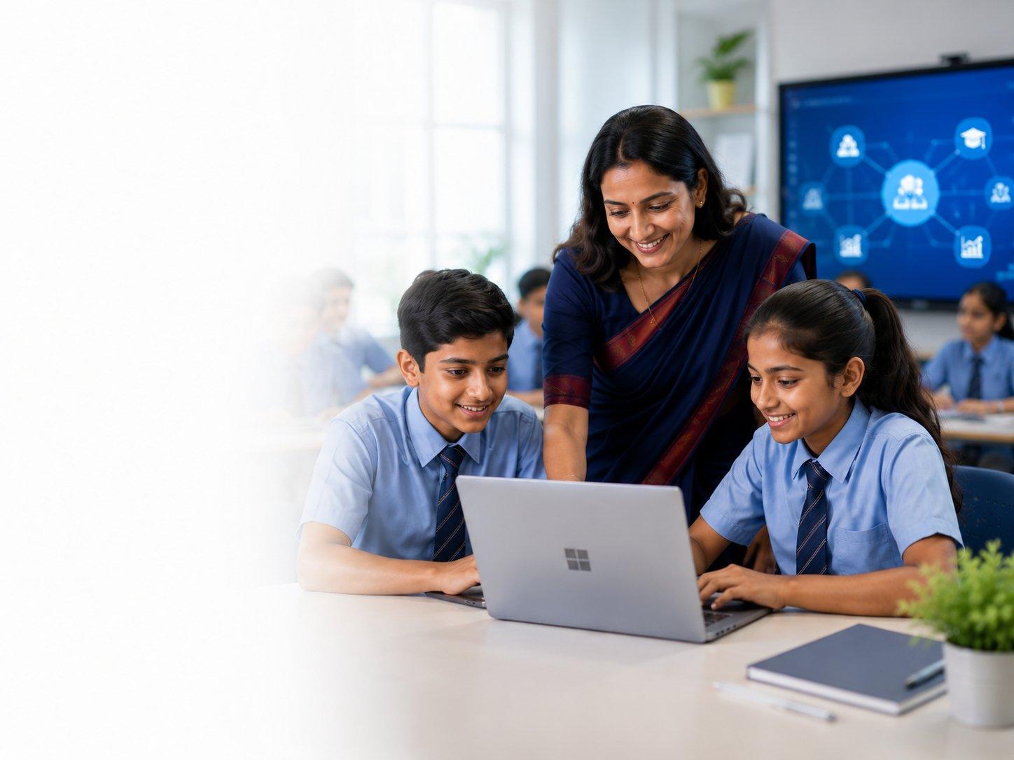 Teacher guiding students on a laptop in a modern Indian classroom