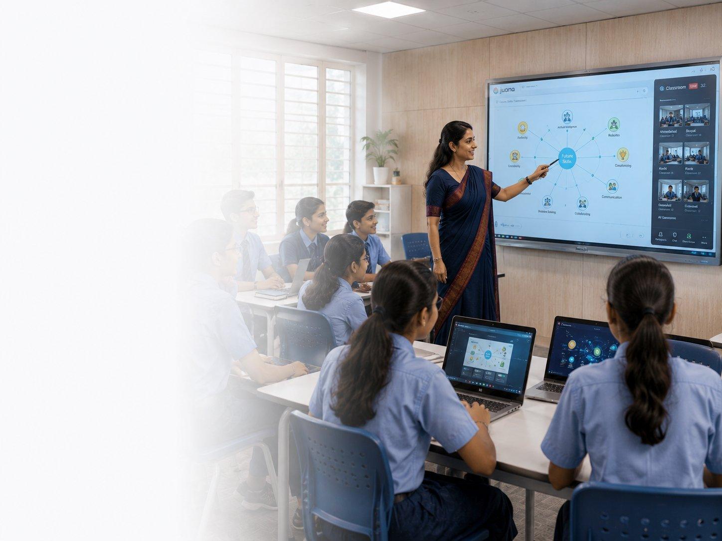 Classroom using the Juana learning platform on a large display