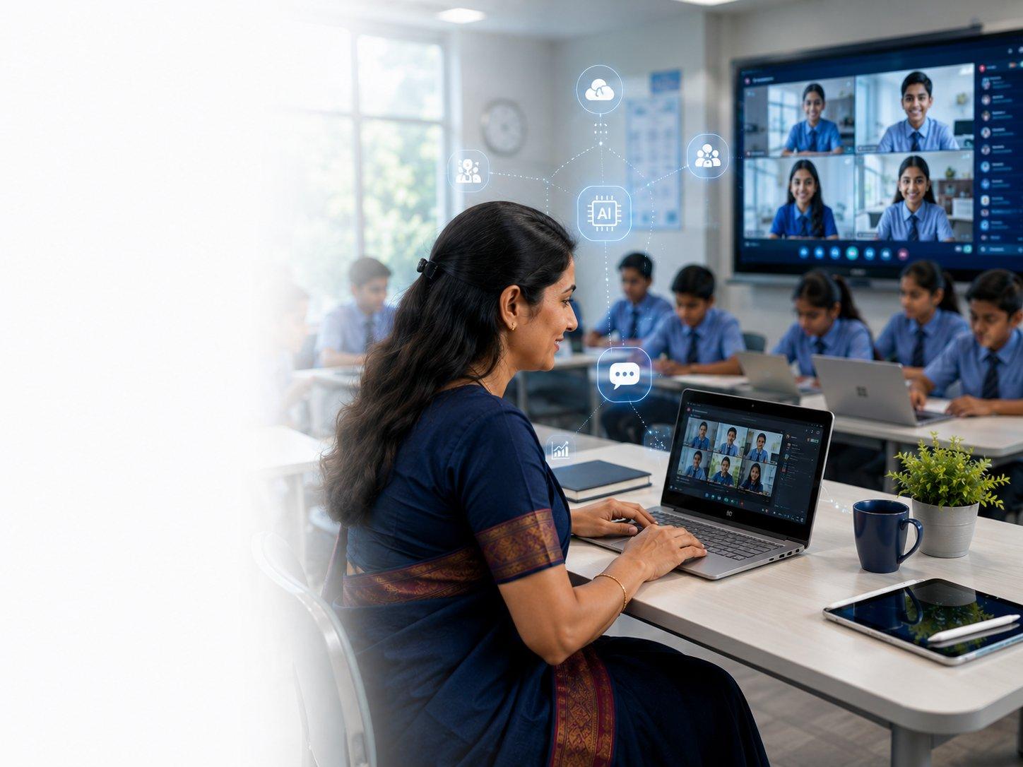 Teacher leading a hybrid Microsoft Teams lesson in class