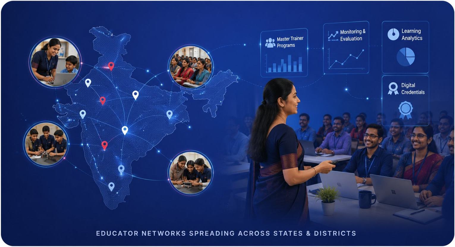 Map of educator networks spreading across Indian states and districts, with master trainer programs, monitoring and evaluation, learning analytics and digital credentials