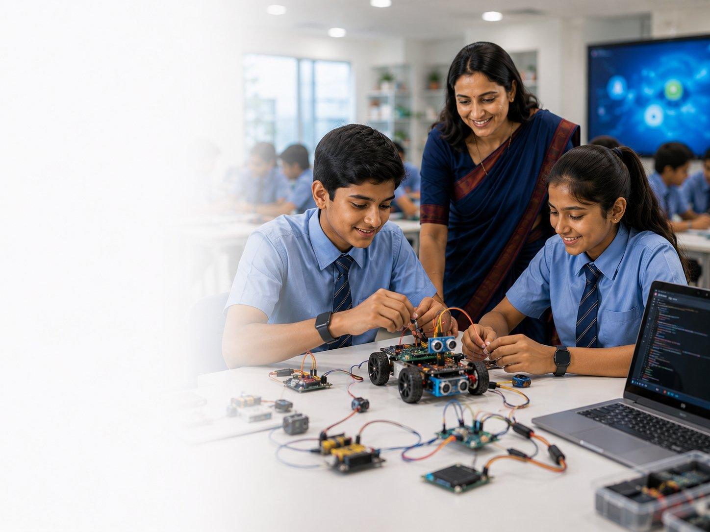 Students building a robotics kit guided by their teacher