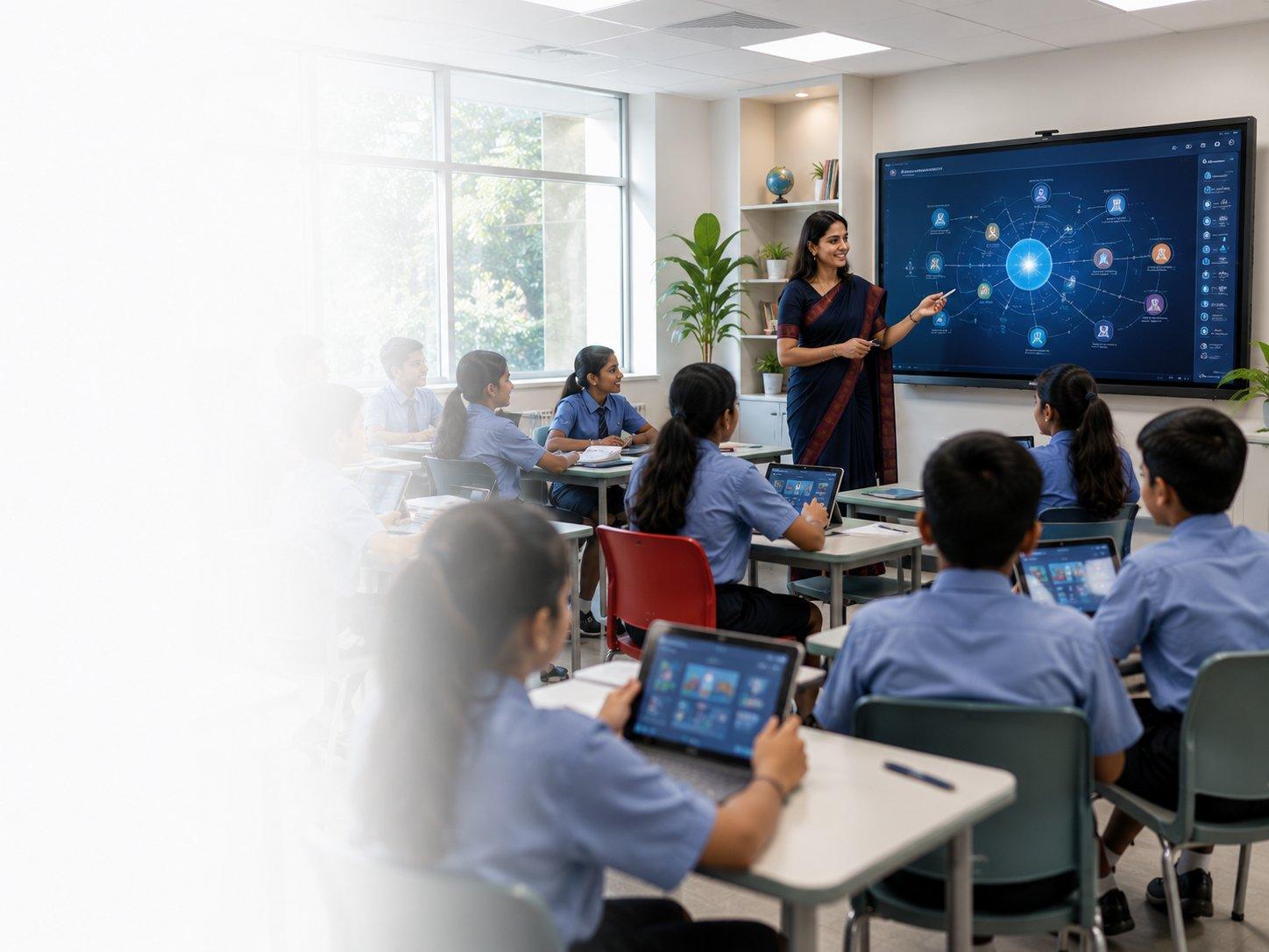 Modern digital classroom with students on tablets and an interactive panel